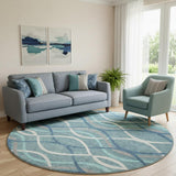 8' Teal Ivory And Gray Abstract Washable Round Rug With UV Protection