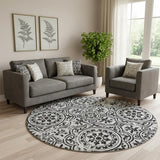 8' Black And Ivory Medallion Washable Round Rug With UV Protection