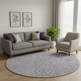 8' Lavender And Ivory Medallion Washable Round Rug With UV Protection