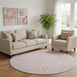8' Pink And Ivory Medallion Washable Round Rug With UV Protection