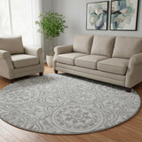 8' Silver And Gray Medallion Washable Round Rug With UV Protection