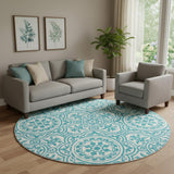 8' Teal And Ivory Medallion Washable Round Rug With UV Protection