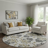 8' Black Beige And Gold Medallion Washable Round Rug With UV Protection
