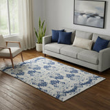 5' X 8' Navy Blue And Ivory Medallion Washable Area Rug With UV Protection