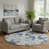 8' Navy Blue And Ivory Medallion Washable Round Rug With UV Protection