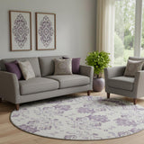 8' Purple And Ivory Medallion Washable Round Rug With UV Protection