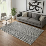 5' X 8' Black And Ivory Striped Washable Area Rug With UV Protection