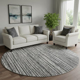 8' Black And Ivory Striped Washable Round Rug With UV Protection