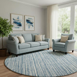 8' Blue And Ivory Striped Washable Round Rug With UV Protection