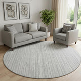 8' Gray And Silver Striped Washable Round Rug With UV Protection