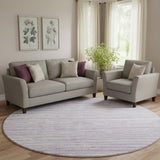 8' Lavender And Ivory Striped Washable Round Rug With UV Protection