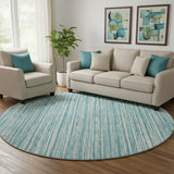 8' Teal And Ivory Striped Washable Round Rug With UV Protection