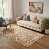 5' X 8' Orange Green And Ivory Diamond Washable Area Rug With UV Protection