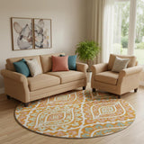 8' Orange Green And Ivory Diamond Washable Round Rug With UV Protection
