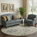 8' Beige Blue And Tan Floral Washable Round Rug With UV Protection