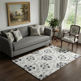 5' X 8' Black And Ivory Floral Washable Area Rug With UV Protection