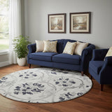 8' Black And Ivory Floral Washable Round Rug With UV Protection