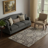 5' X 8' Brown Beige And Taupe Floral Washable Area Rug With UV Protection