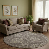 8' Brown Beige And Taupe Floral Washable Round Rug With UV Protection