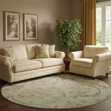 8' Gold Gray And Silver Floral Washable Round Rug With UV Protection