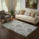 5' X 8' Gray And Taupe Floral Washable Area Rug With UV Protection