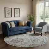 8' Gray And Taupe Floral Washable Round Rug With UV Protection