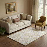 5' X 8' Ivory Beige And Gold Floral Washable Area Rug With UV Protection
