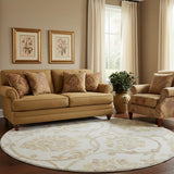 8' Ivory Beige And Gold Floral Washable Round Rug With UV Protection