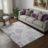 5' X 8' Lavender Gray And Silver Floral Washable Area Rug With UV Protection