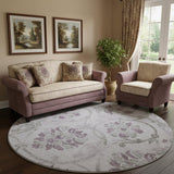8' Lavender Gray And Silver Floral Washable Round Rug With UV Protection