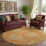 8' Orange Gray And Beige Floral Washable Round Rug With UV Protection