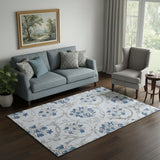 5' X 8' Sky Blue Gray And Silver Floral Washable Area Rug With UV Protection