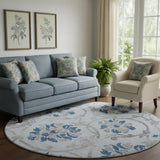 8' Sky Blue Gray And Silver Floral Washable Round Rug With UV Protection