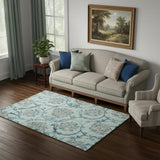 5' X 8' Teal And Gray Floral Washable Area Rug With UV Protection