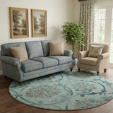 8' Teal And Gray Floral Washable Round Rug With UV Protection
