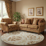 8' Terra Cotta And Beige Floral Washable Round Rug With UV Protection