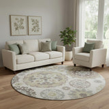 8' Beige Gray And Brown Medallion Washable Round Rug With UV Protection