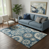 5' X 8' Blue Ivory And Beige Medallion Washable Area Rug With UV Protection