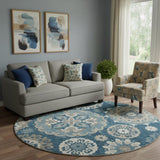 8' Blue Ivory And Beige Medallion Washable Round Rug With UV Protection
