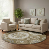 8' Brown Gray And Beige Medallion Washable Round Rug With UV Protection