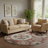 8' Rust Gray And Beige Medallion Washable Round Rug With UV Protection