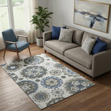 5' X 8' Pewter Blue And Gray Medallion Washable Area Rug With UV Protection