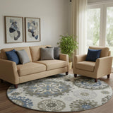 8' Pewter Blue And Gray Medallion Washable Round Rug With UV Protection