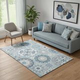 5' X 8' Sky Blue And Ivory Medallion Washable Area Rug With UV Protection