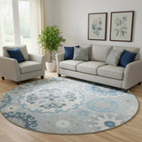 8' Sky Blue And Ivory Medallion Washable Round Rug With UV Protection