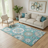 5' X 8' Teal Ivory And Gray Medallion Washable Area Rug With UV Protection