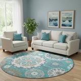 8' Teal Ivory And Gray Medallion Washable Round Rug With UV Protection