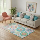 5' X 8' White Orange And Teal Medallion Washable Area Rug With UV Protection