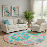 8' White Orange And Teal Medallion Washable Round Rug With UV Protection