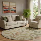 8' Beige Gold And Brown Floral Washable Round Rug With UV Protection